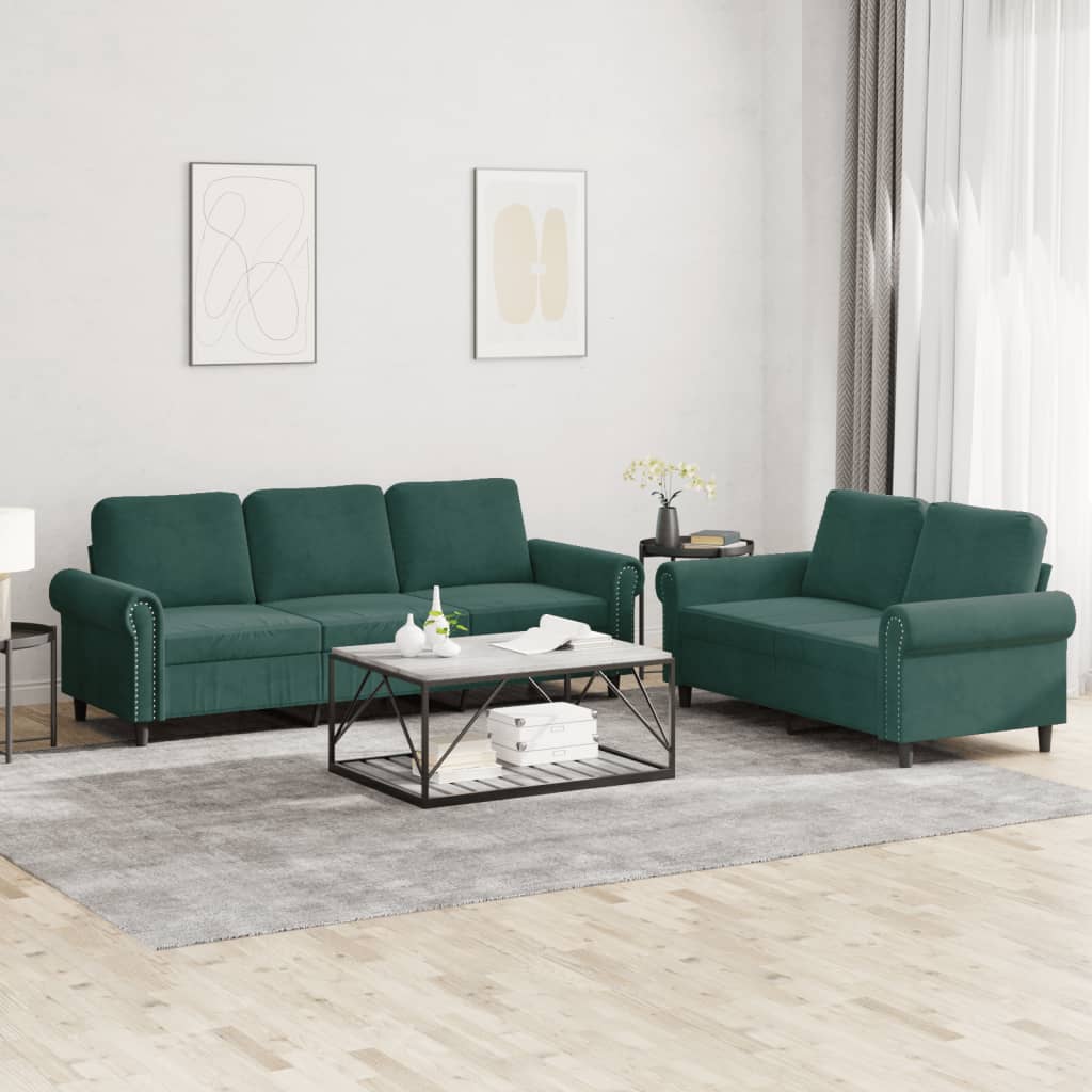 Set Di Divani 2 Pz Con Cuscini Verde Scuro In Velluto