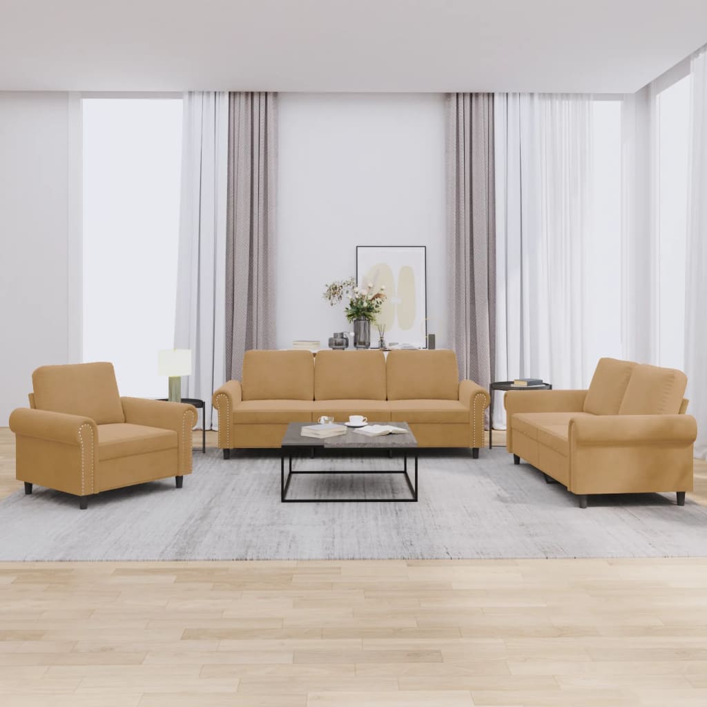 Set Di Divani 3 Pz Con Cuscini Marrone In Velluto