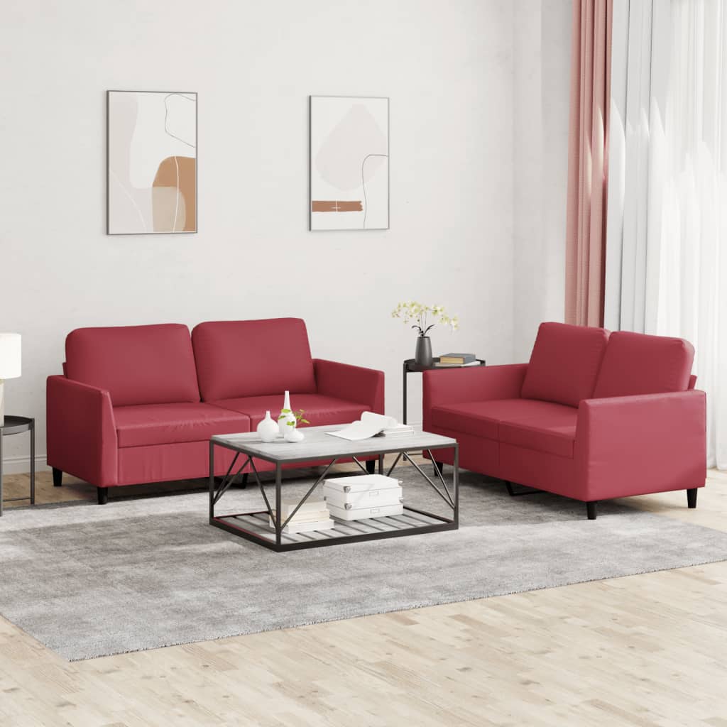 Set Di Divani 2 Pz Con Cuscini Rosso Vino In Similpelle