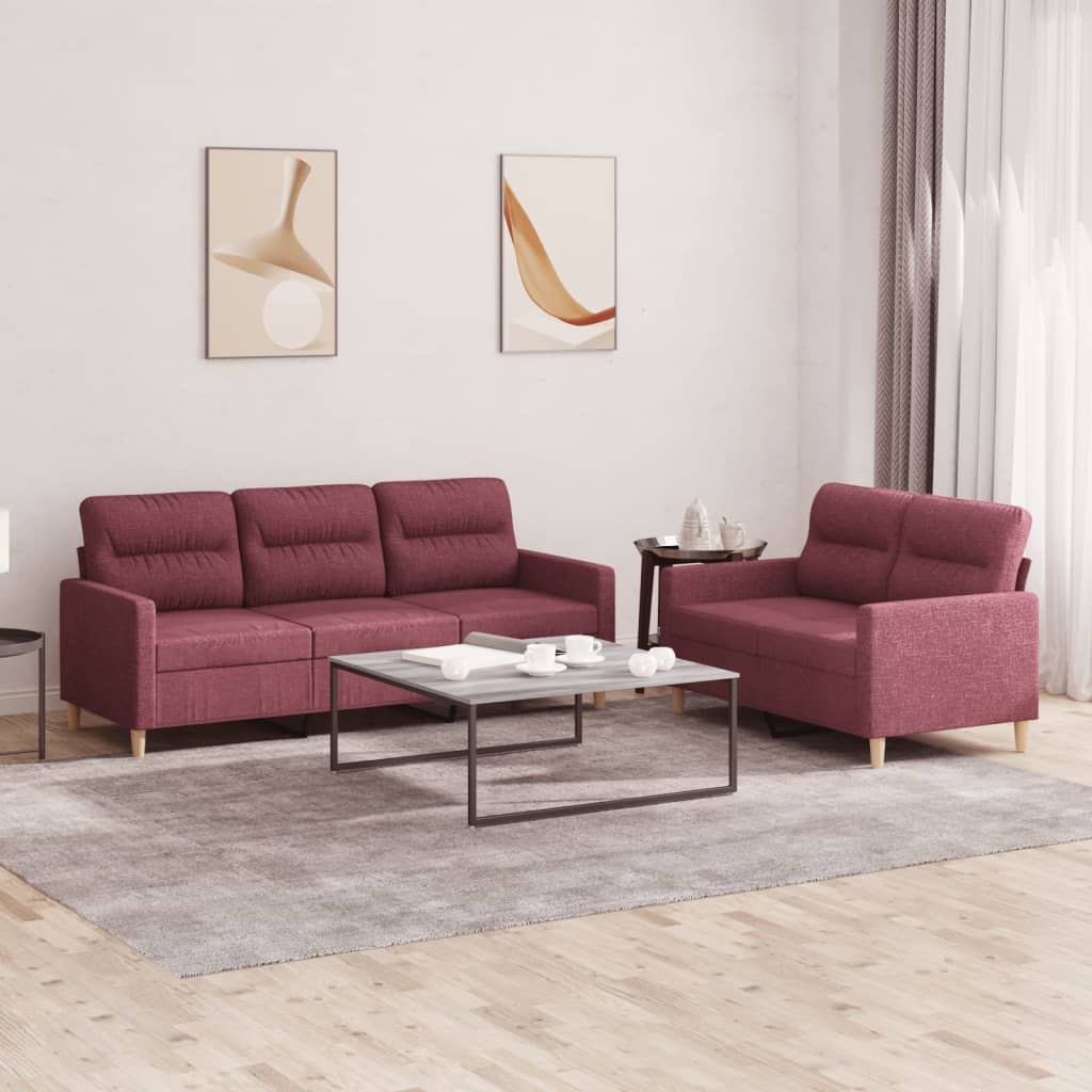 Set Di Divani 2 Pz Con Cuscini Rosso Vino In Tessuto