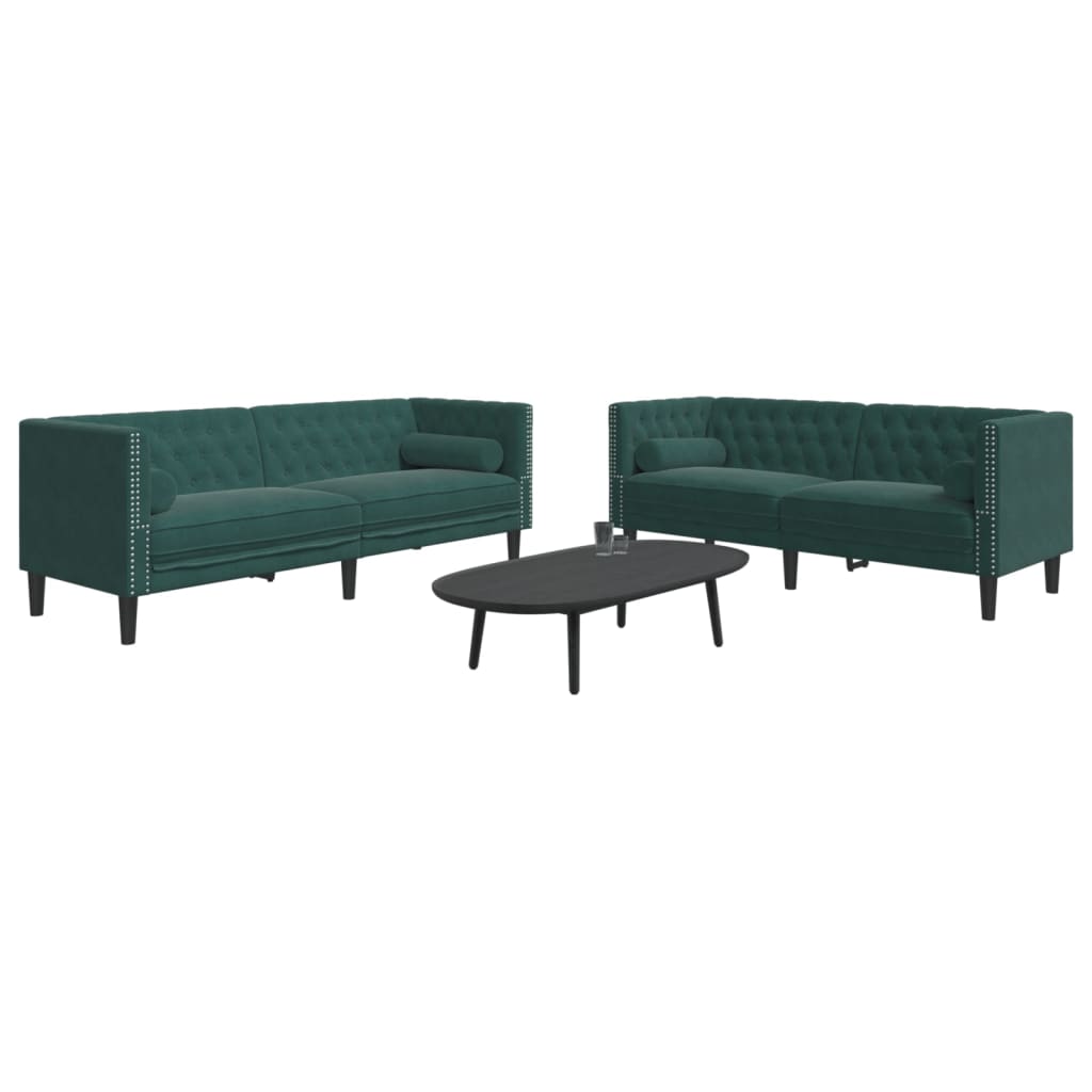Set Divani Chesterfield 2pz Con Cuscini Verde Scuro Velluto
