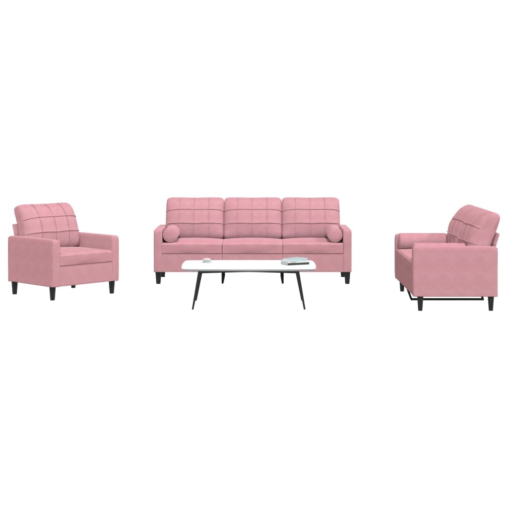 Set Di Divani 3 Pz Con Cuscini E Rinforzi Rosa In Velluto