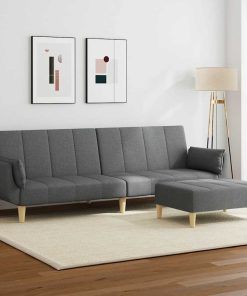 Divano Letto 2 Posti Con Poggiapiedi Grigio Scuro In Tessuto