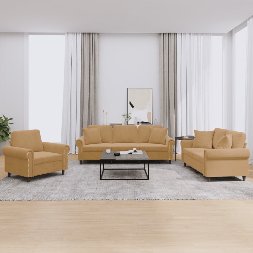 Set Di Divani 3 Pz Con Cuscini Marrone In Velluto