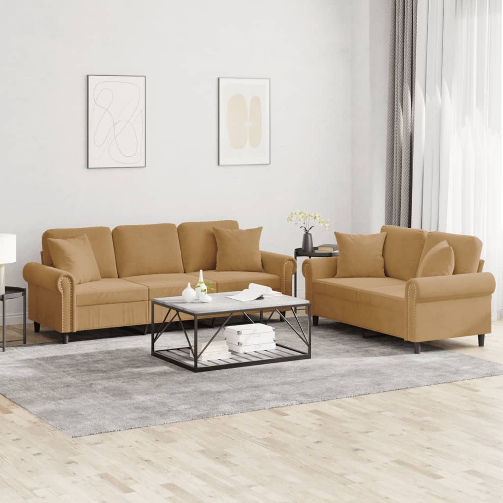 Set Di Divani 2 Pz Con Cuscini Marrone In Velluto