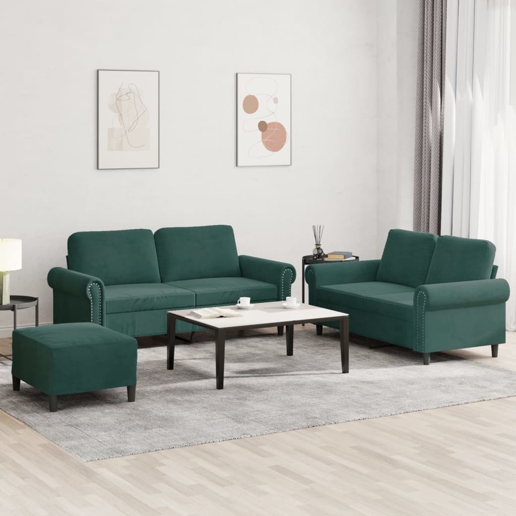 Set Di Divani 3 Pz Con Cuscini Verde Scuro In Velluto