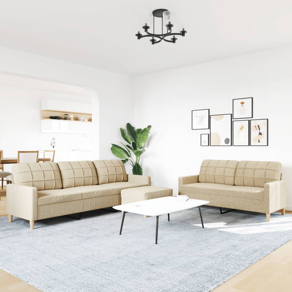 Set Di Divani 3 Pz Con Poggiapiedi Crema In Tessuto - Image 3