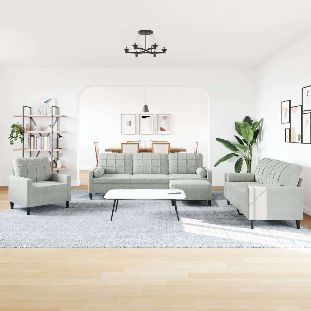 Set Di Divani 4 Pz Con Cuscini E Rinforzi Grigio Chiaro Velluto - Image 3