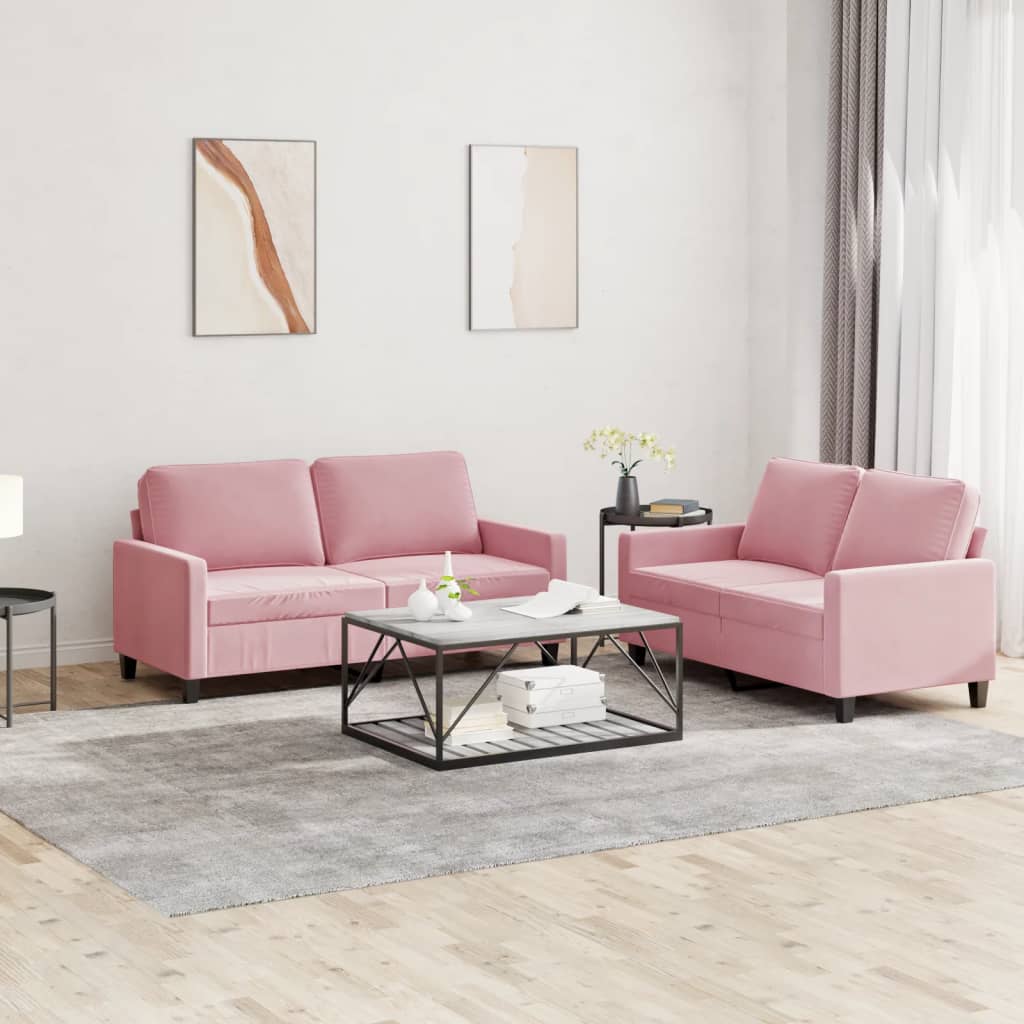 Set Di Divani 2 Pz Con Cuscini Rosa In Velluto