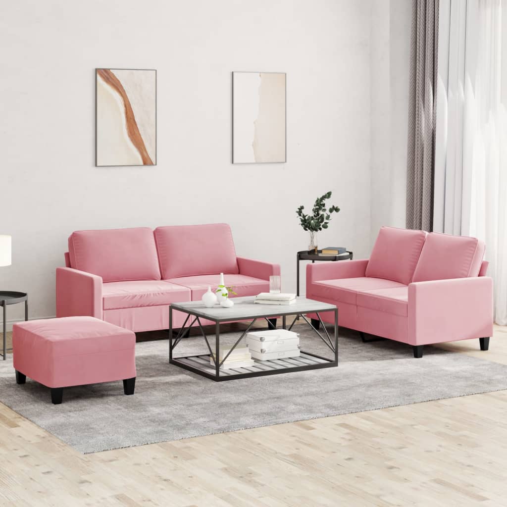 Set Di Divani 3 Pz Con Cuscini Rosa In Velluto