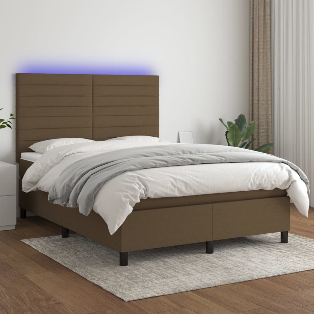 Letto A Molle Materasso E Led Marrone Scuro 140x200 Cm Tessuto