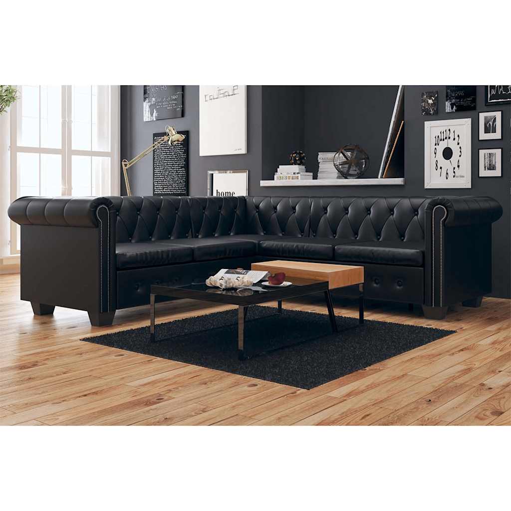 Divano Angolare Chesterfield A 5 Posti Pelle Artificiale Nera