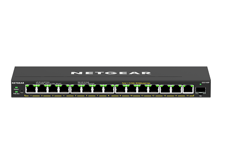 Netgear Plus Gs316ep - Switch - Managed - 15 X 10/100/1000 (poe+) + 1 X Sfp - Desktop, Wandmontierbar - Poe+ (180 w)