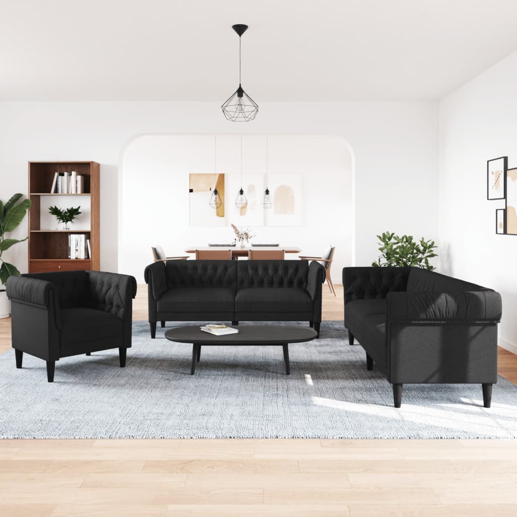 Set D Divani 3 Pz Nero In Tessuto - Image 3