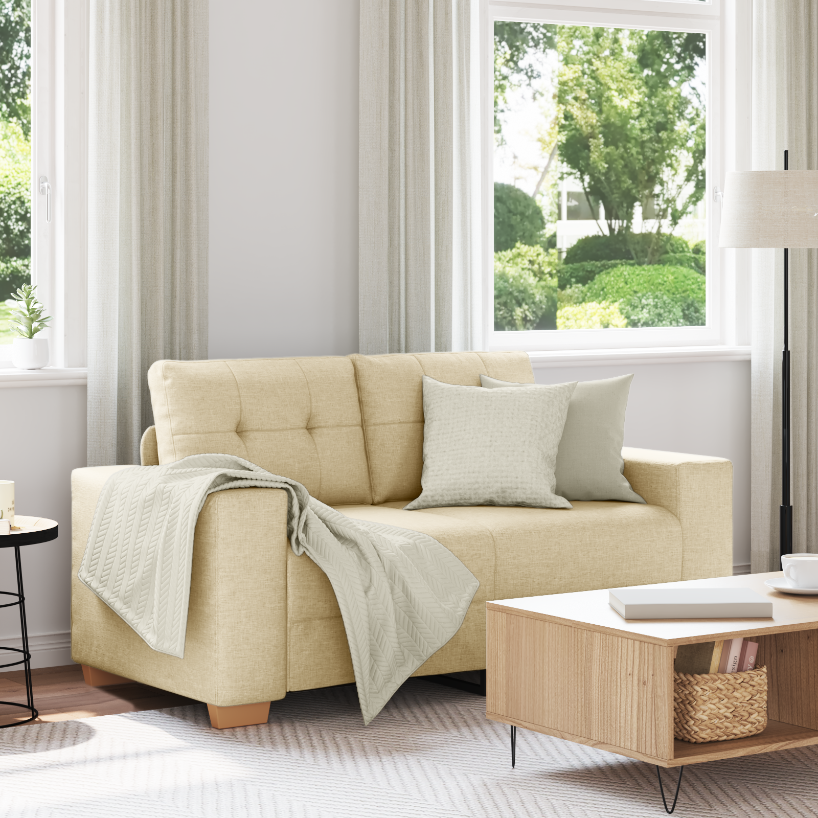 § Divano A Due Posti § Con Cuscino Crema Tessuto