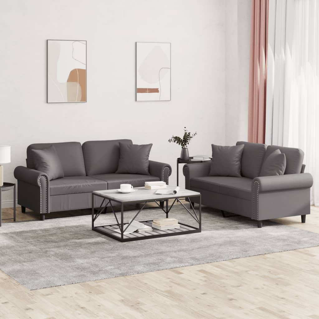 Set Di Divani 2 Pz Con Cuscini Grigio In Similpelle