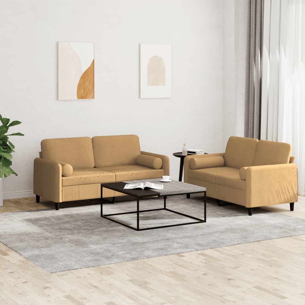 Set Di Divani 2 Pz Con Cuscini Marrone In Velluto