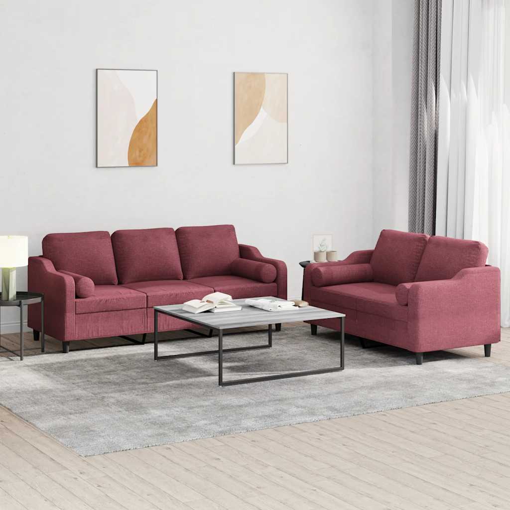 Set Di Divani 2 Pz Con Cuscini Rosso Vino In Tessuto