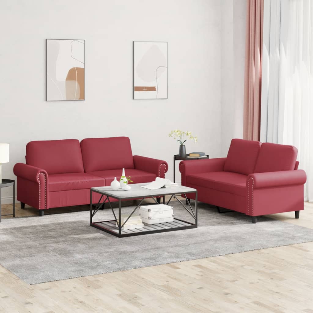Set Di Divani 2 Pz Con Cuscini Rosso Vino In Similpelle