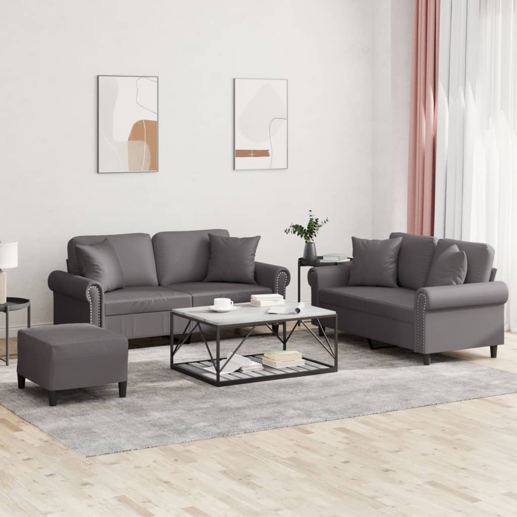 Set Di Divani 3 Pz Con Cuscini Grigio In Similpelle