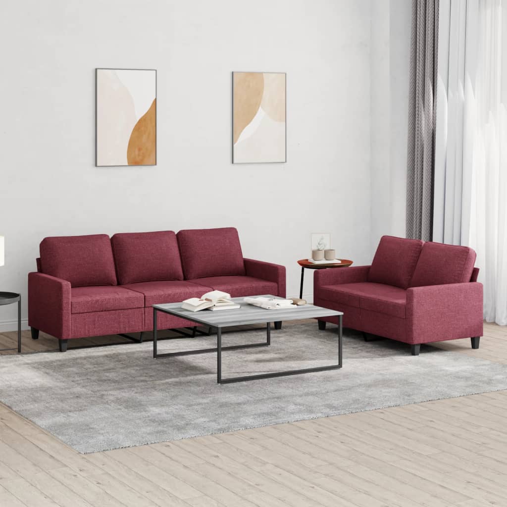 Set Di Divani 2 Pz Con Cuscini Rosso Vino In Tessuto