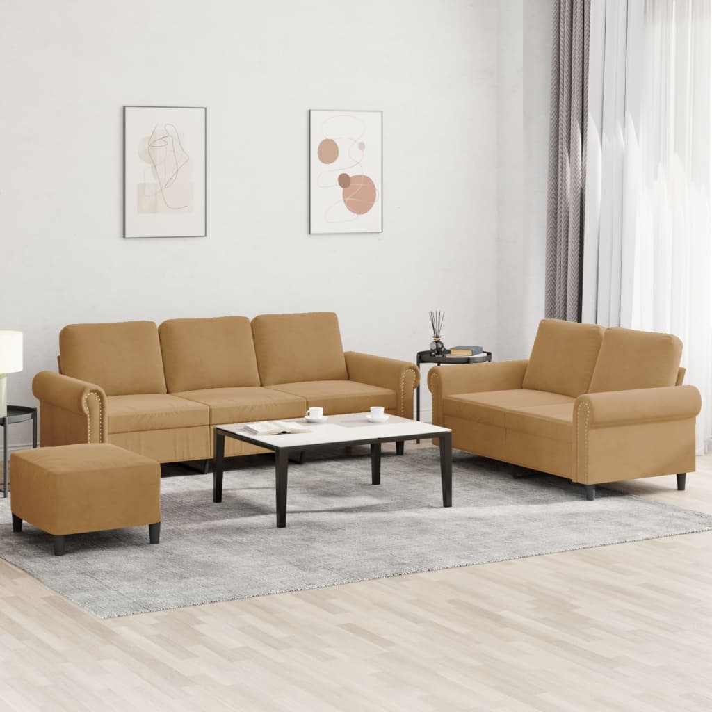Set Di Divani 3 Pz Con Cuscini Marrone In Velluto