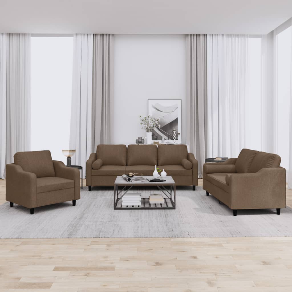Set Di Divani 3 Pz Con Cuscini Marrone In Tessuto