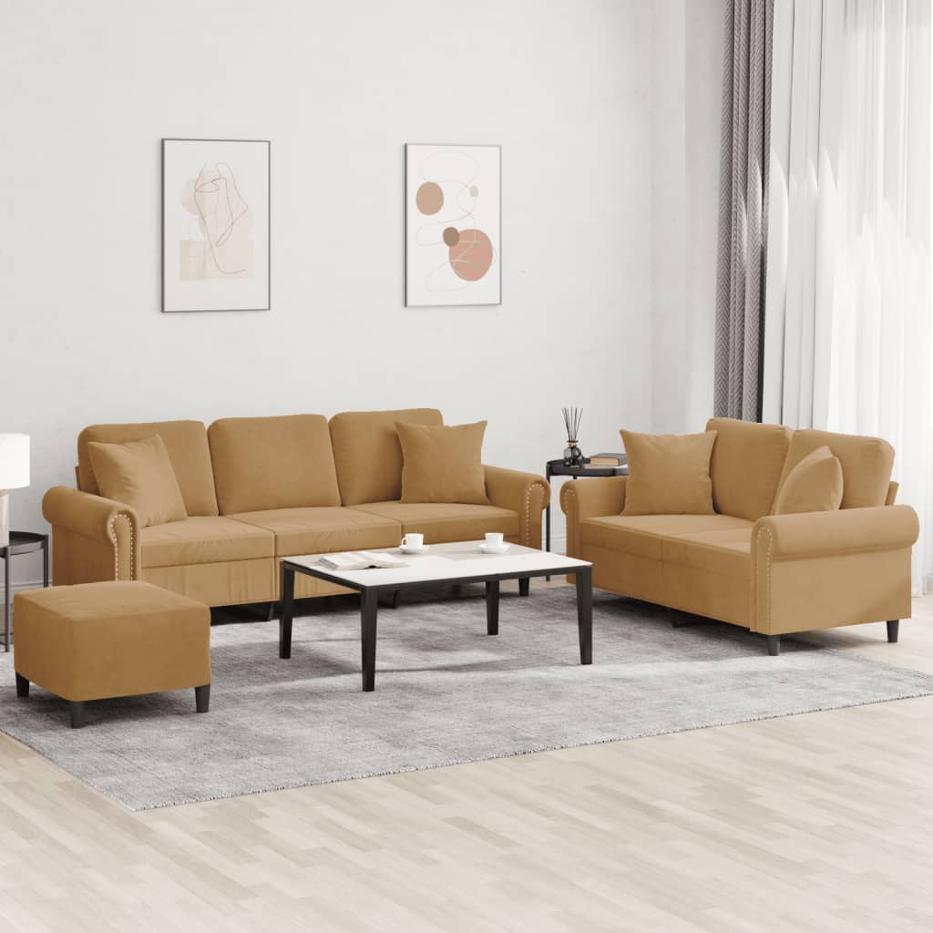 Set Di Divani 3 Pz Con Cuscini Marrone In Velluto