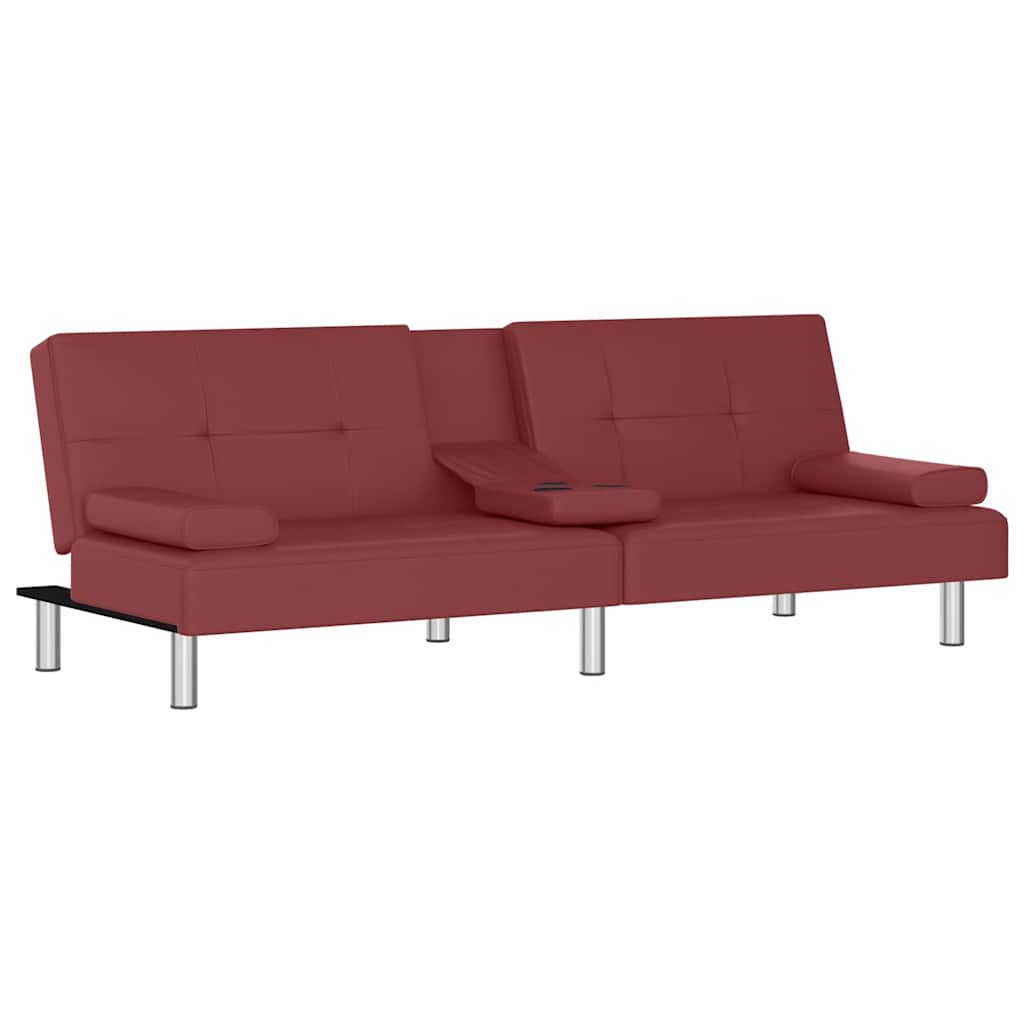 Divano Letto Con Portabicchieri In Similpelle Rosso Vino - Image 4