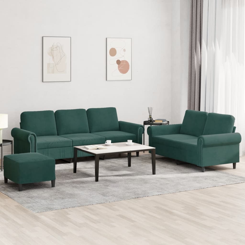 Set Di Divani 3 Pz Con Cuscini Verde Scuro In Velluto
