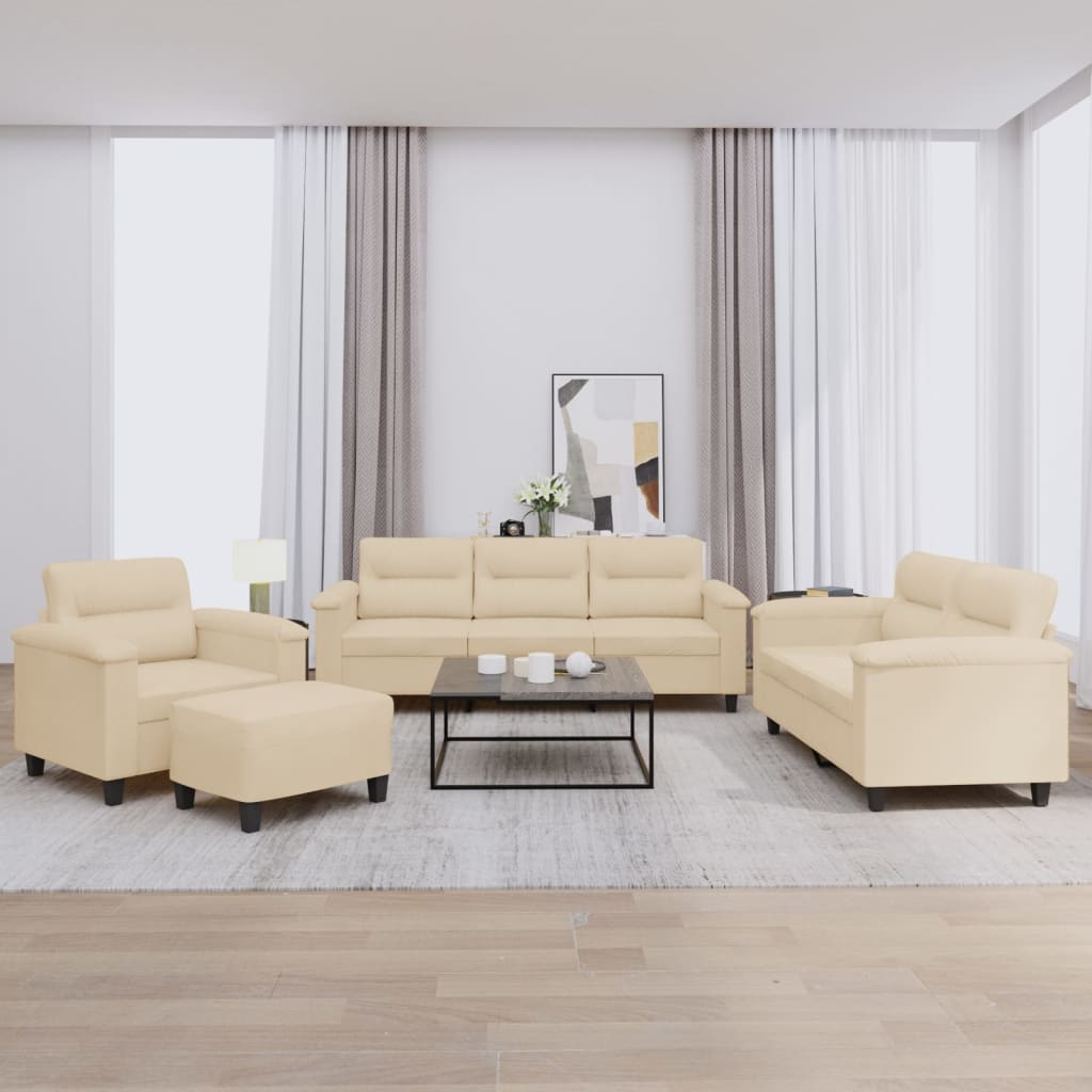Set Divani 4 Pz Con Cuscini Crema In Tessuto Microfibra