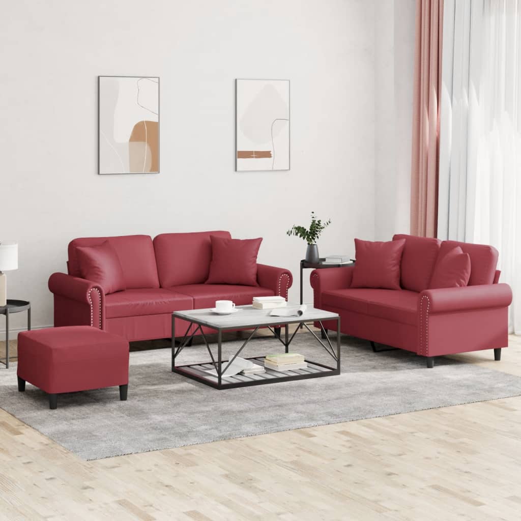 Set Di Divani 3 Pz Con Cuscini Rosso Vino In Similpelle