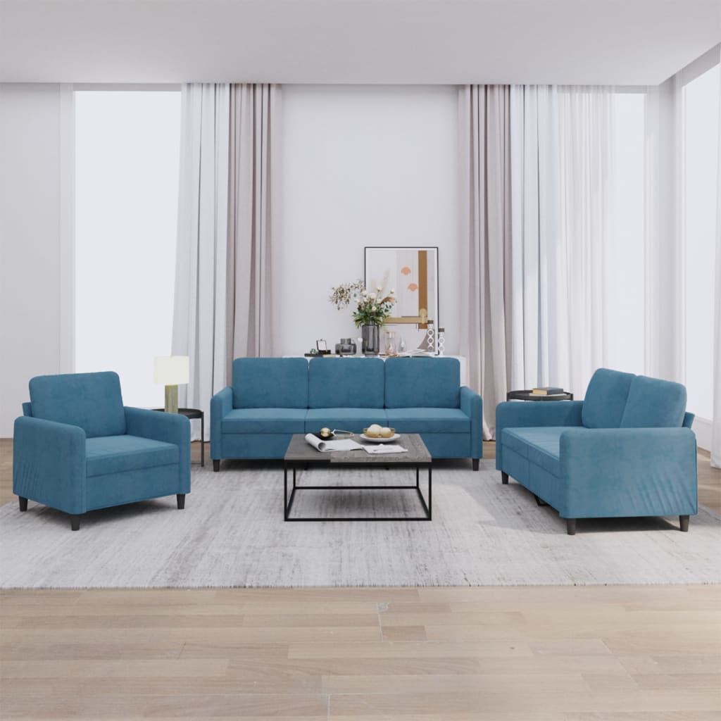 Set Di Divani 3 Pz Blu In Velluto