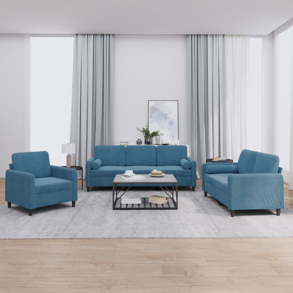 Set Di Divani 3 Pz Con Cuscini Blu In Velluto