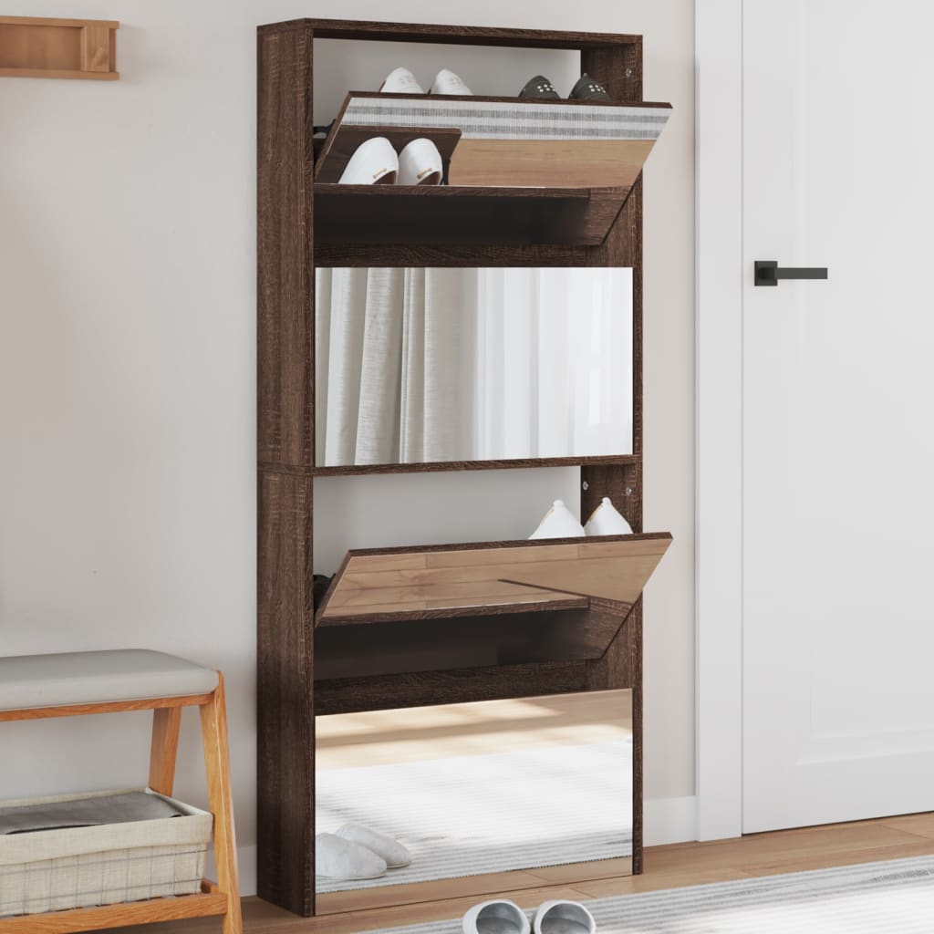 Scarpiera Con Specchio A 4 Livelli Rovere Marrone 63x17x134 cm