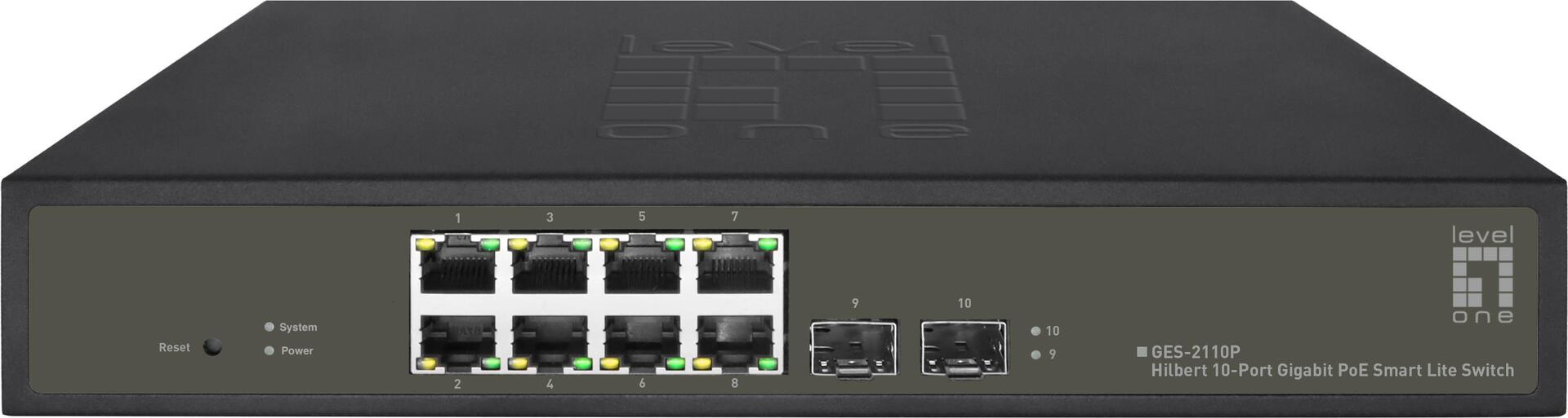 Levelone Hilbert 10-Port Gigabit Poe Smart Lite Switch - 8 Poe Ausgänge - 2 X Gigabit Sfp - 802.3at/af Poe - 130w PoE-Leistungsbudget (geS-2110p)