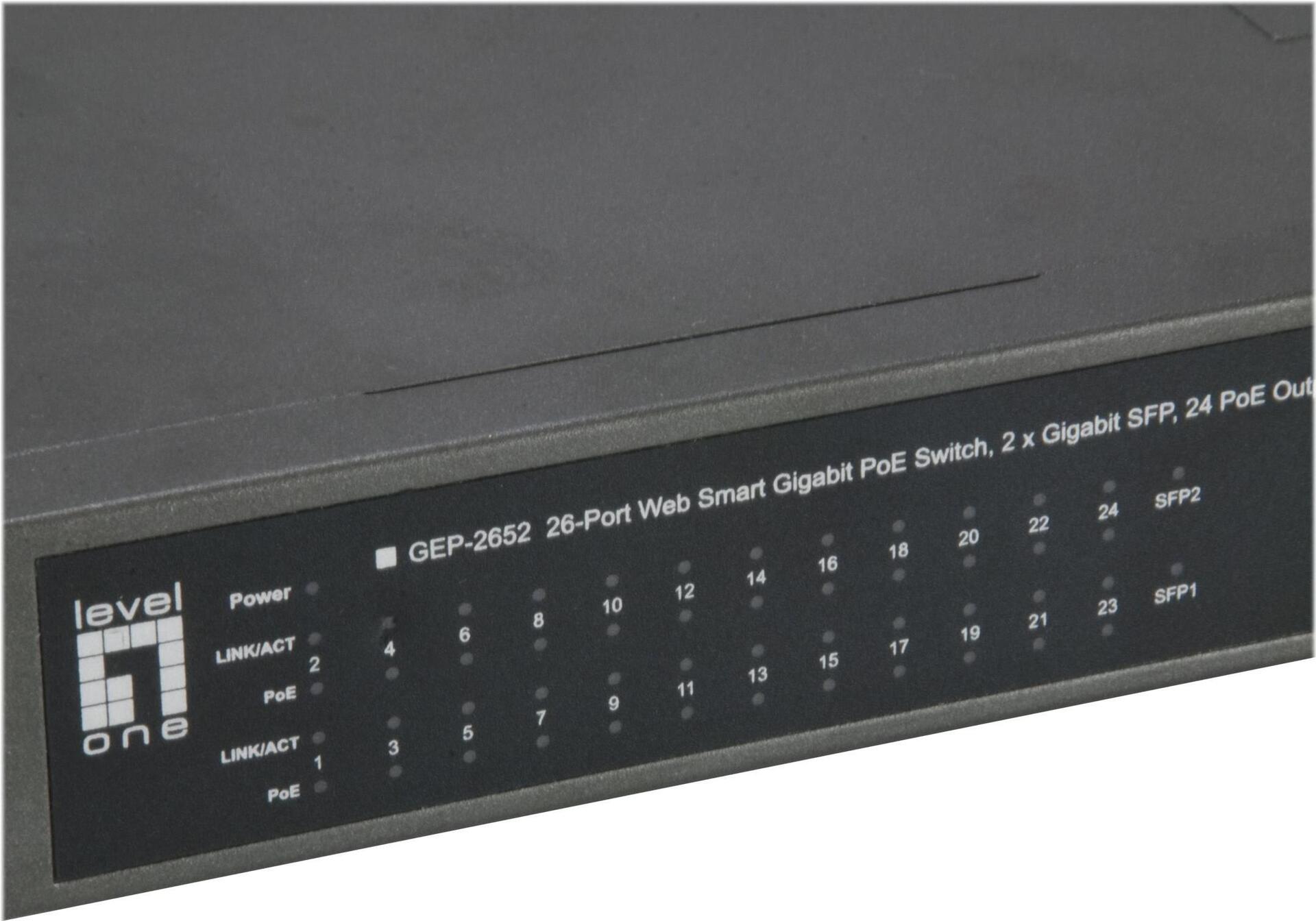 Levelone GeP-2652 - Switch - Smart - 24 X 10/100/1000 (poe+) + 2 X Gigabit Sfp - An Rack Montierbar - Poe+ (370 W) (geP-2652)