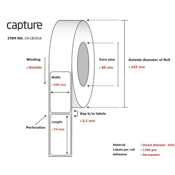 Capture CA-Lb3016 Etichetta Per Stampante Bianco (label 100x74, Core 40, - Diameter 153 Mm. Thermal - Print. Uncoated. Permanent. 1700 Labels Per Rol