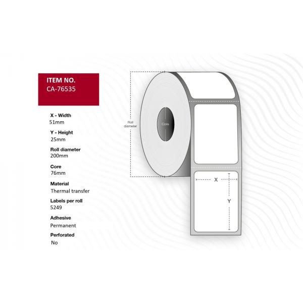Capture CA-76535 Etichetta Per Stampante (label 51 X 25mm, Core 76mm, - Thermal Transfer, Polyester, - Permanent, No Perforation, 5249 Labels Per Rol