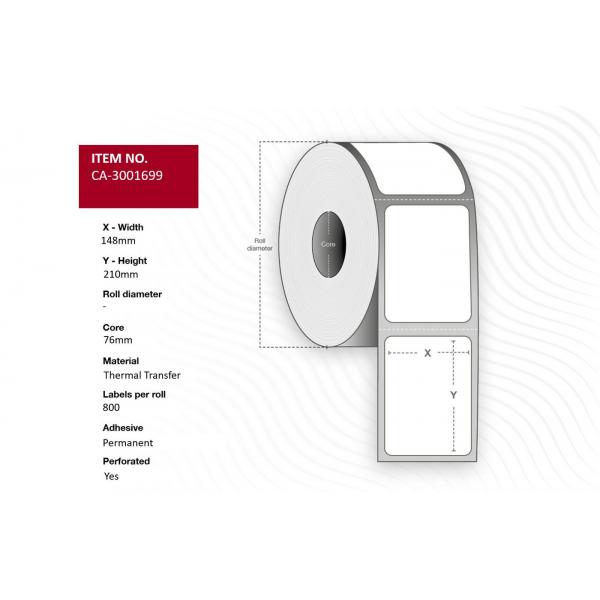 Capture CA-3001699 Etichetta Per Stampante (label 148 X 210mm, Core 76mm, - Thermal Transfer, Uncoated, - Permanent, Perforated, 800 Labels Per Roll,