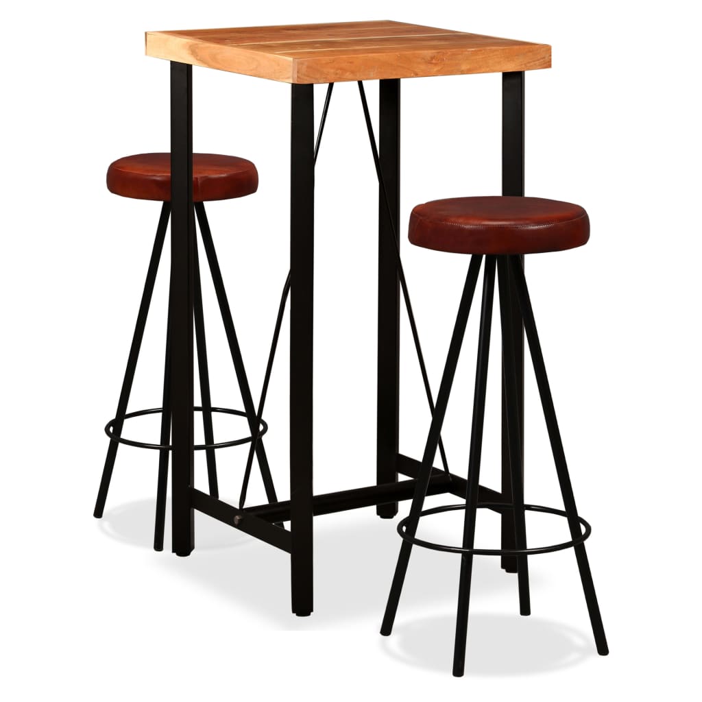 vidaXL Set muebles de bar 3 pzas madera maciza acacia cuero genuino