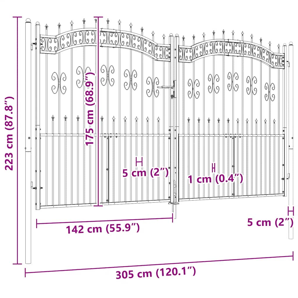vidaXL Zauntor mit Speerspitze Schwarz 305 x 175 cm Pulverbeschichteter Stahl - Image 6