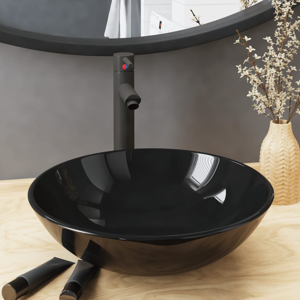 vidaXL Badezimmer Waschbecken mit Wasserhahn Ablaufgarnitur Schwarz