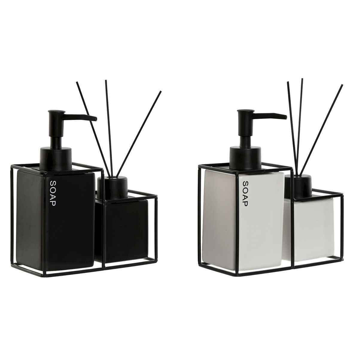 Set da Bagno Home ESPRIT Bianco Nero Metallo Dolomite 14,5 x 8 x 17 cm 2 Pezzi (2 Unità)