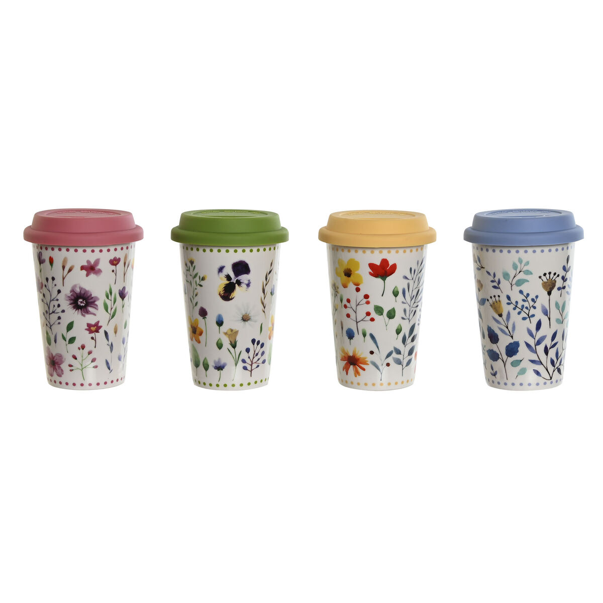 Tazza con Coperchio DKD Home Decor Multicolore Fiori 400 ml (4 Unità)