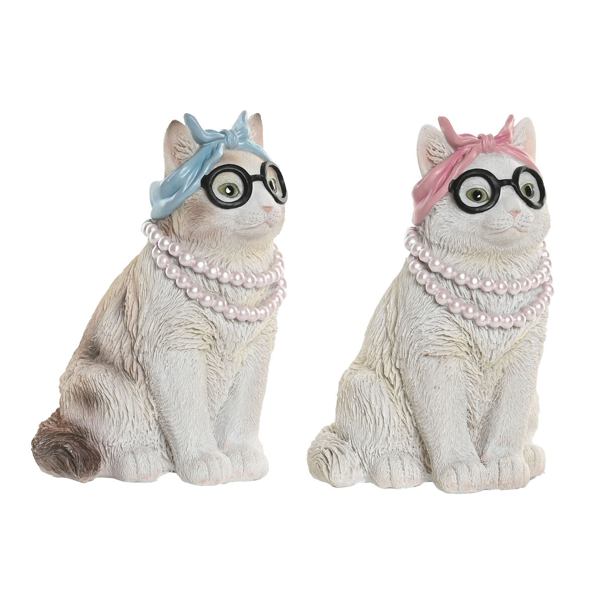 Statua Decorativa Home ESPRIT Azzurro Bianco Rosa Gatto 13,5 X 13 X 19,5 CM (2 Unità)
