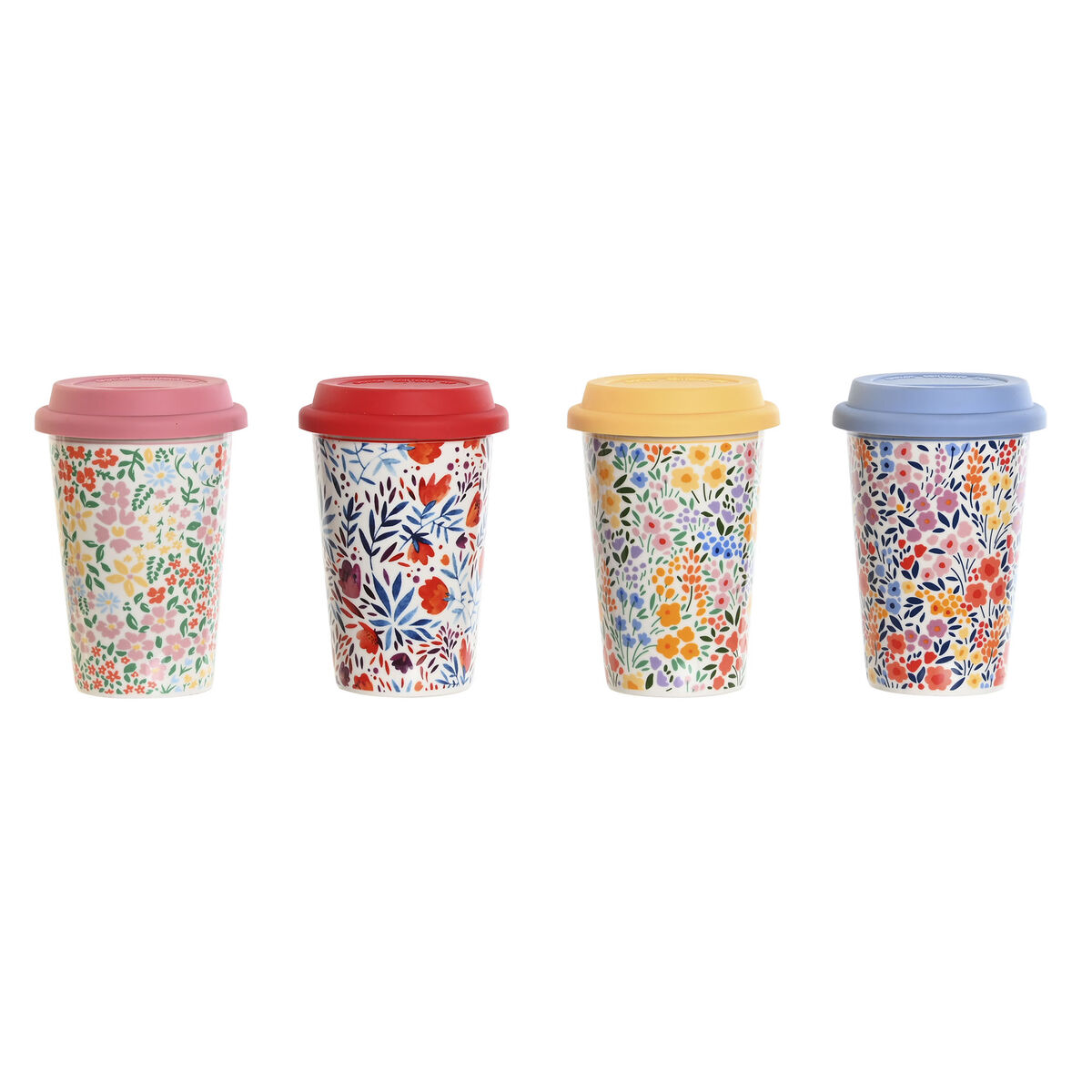 Tazza con Coperchio DKD Home Decor Multicolore Fiori 400 ml (4 Unità)