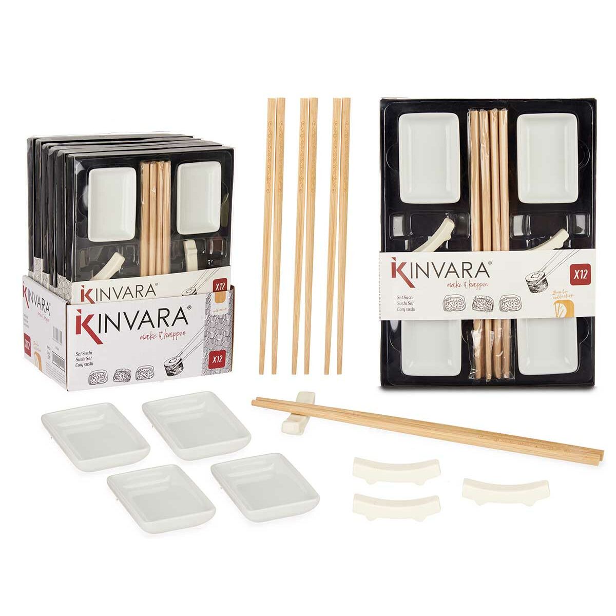 Set per Sushi Kinvara Bianco Bambù Porcellana 27,5 x 2,5 x 20,5 cm 19,5 x 2,5 x 26,5 cm (12 Pezzi) (6 Unità) - Image 4