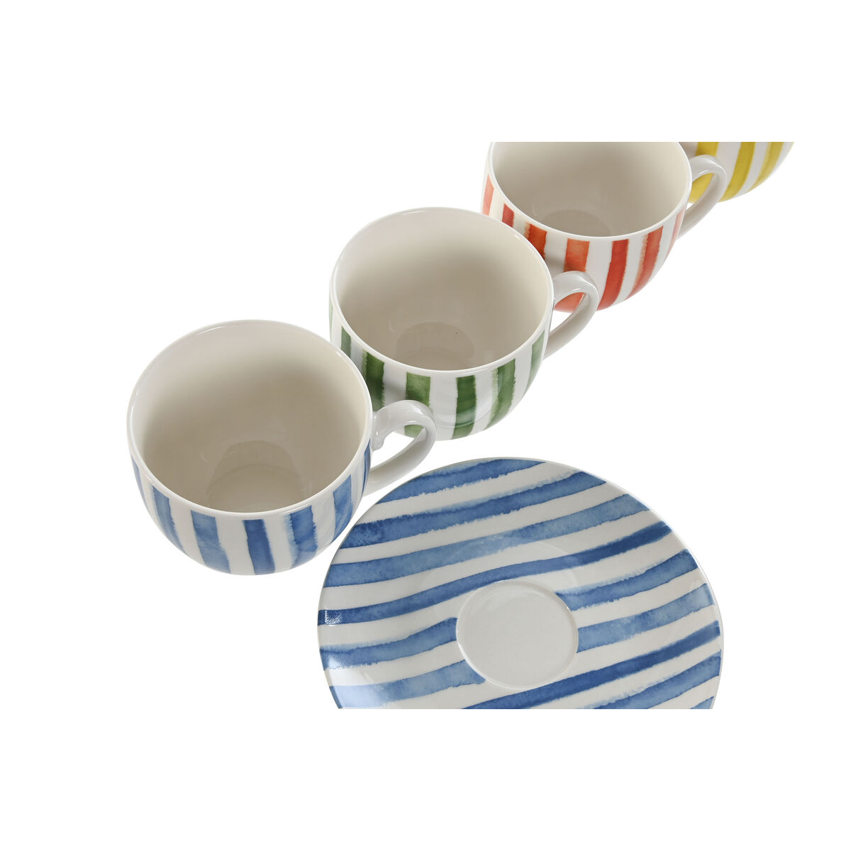 Set di 6 Tazze con Piatto Home ESPRIT Giallo Azzurro Verde Corallo Porcellana Righe Mediterraneo 240 ml - Image 3