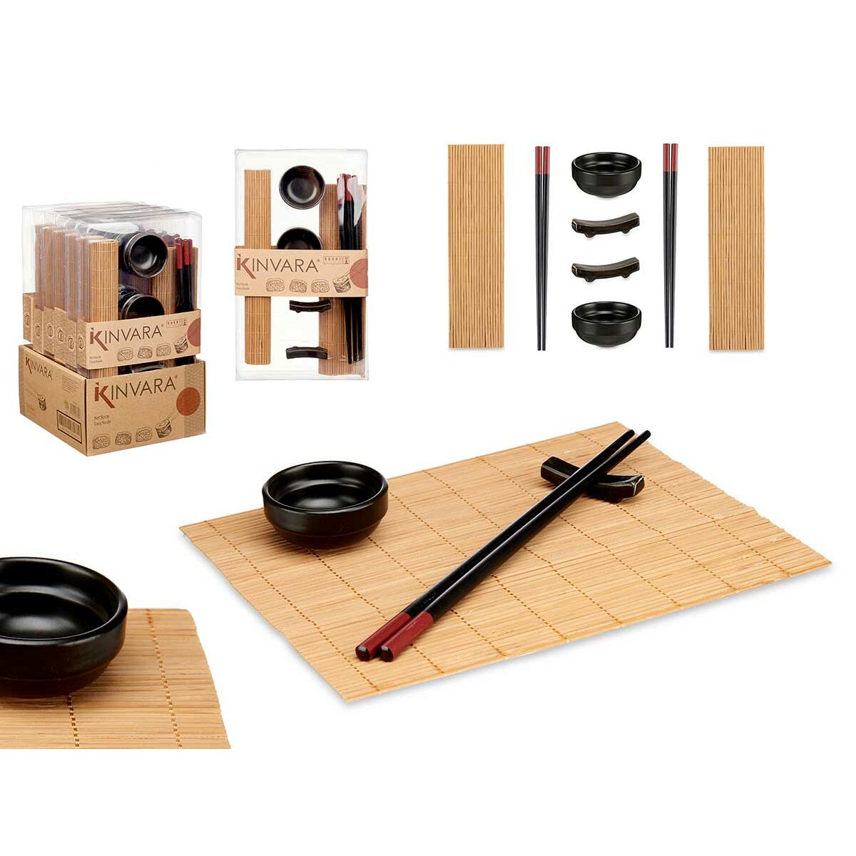 Set per Sushi Kinvara Nero Naturale Bambù servizio di piatti 16,5 x 3 x 30 cm (8 Pezzi) (6 Unità) - Image 3